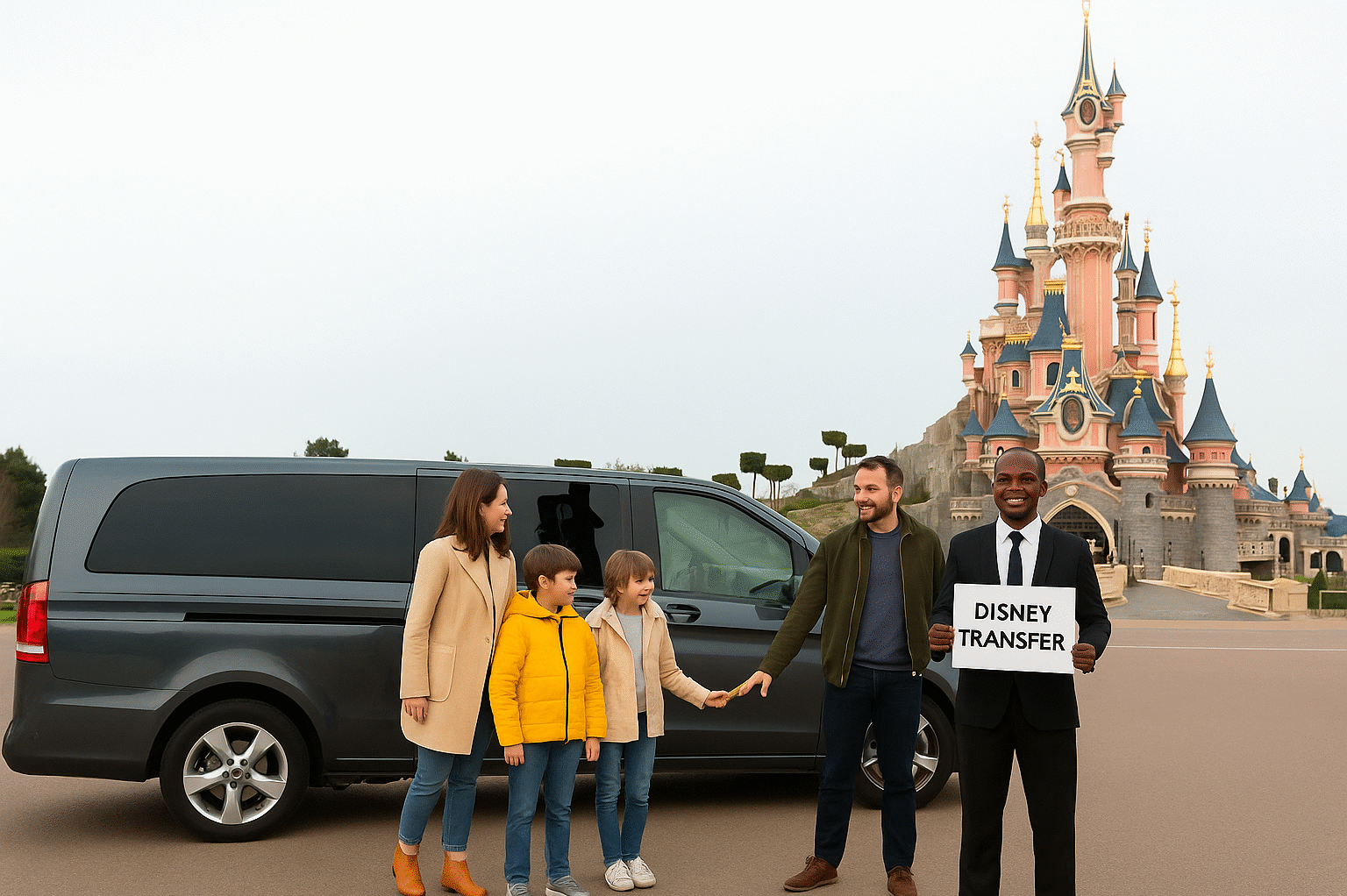 Family arriving at Disneyland Paris after private transfer