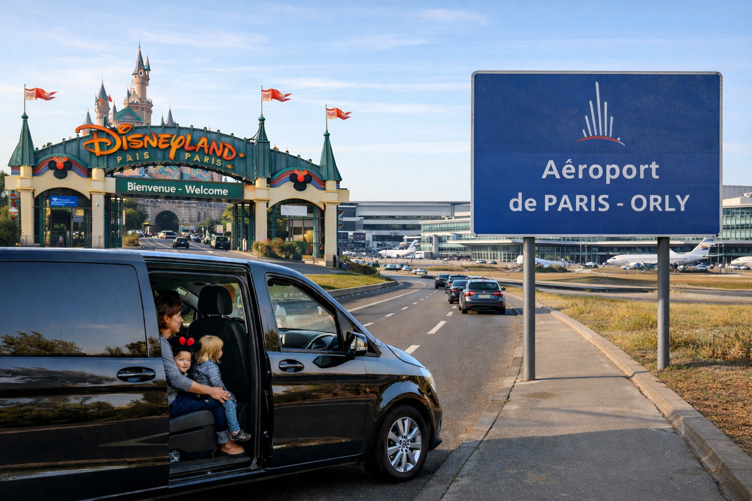 Disneyland to Orly transfer in Mercedes V-Class with private chauffeur