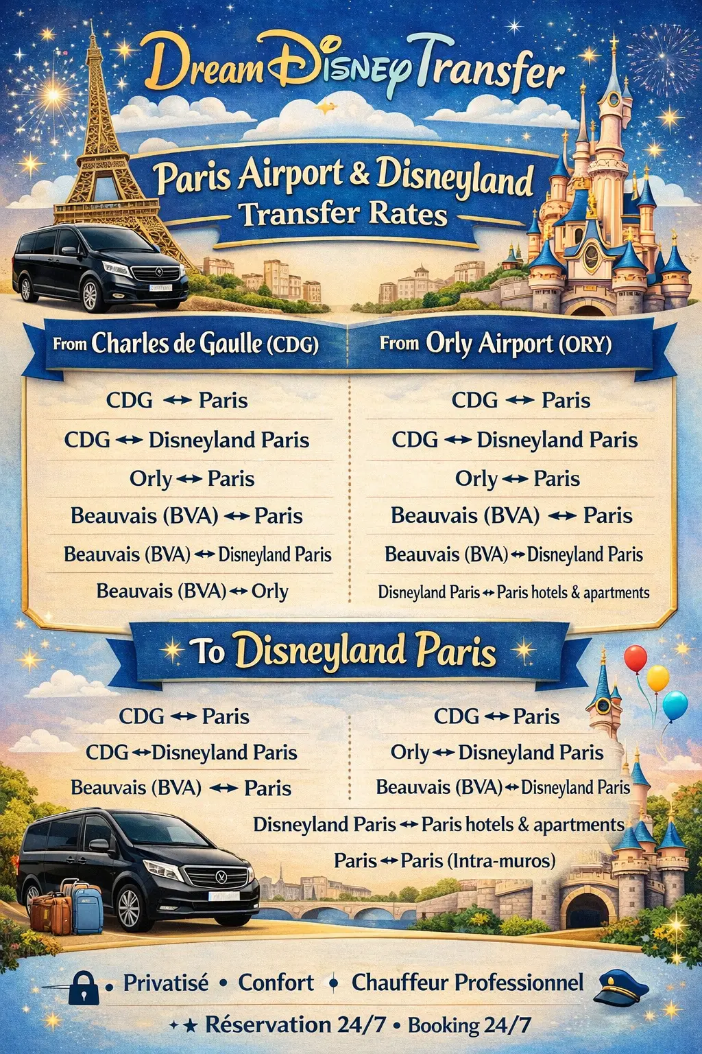 Paris airport and Disneyland transfer rates — fixed Eco and Van prices with Dream Disney Transfer