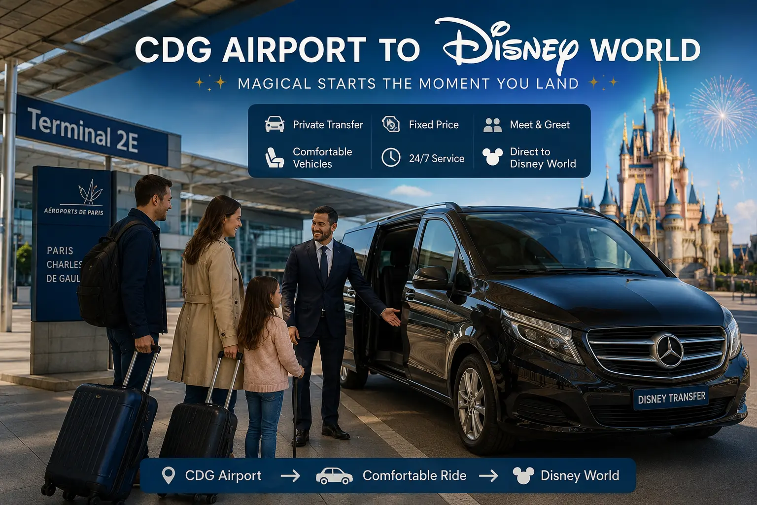 DreamDisneyTransfer professional chauffeur at CDG airport ready for Disney Adventure World transfer