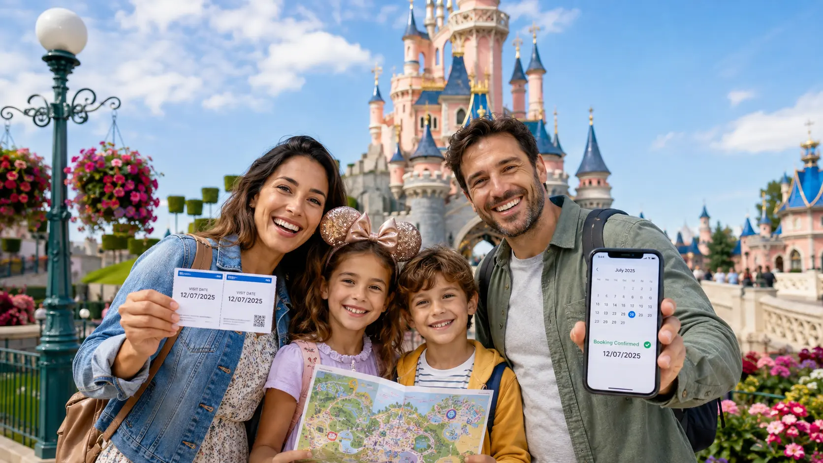 Family visiting Disneyland Paris with dated tickets